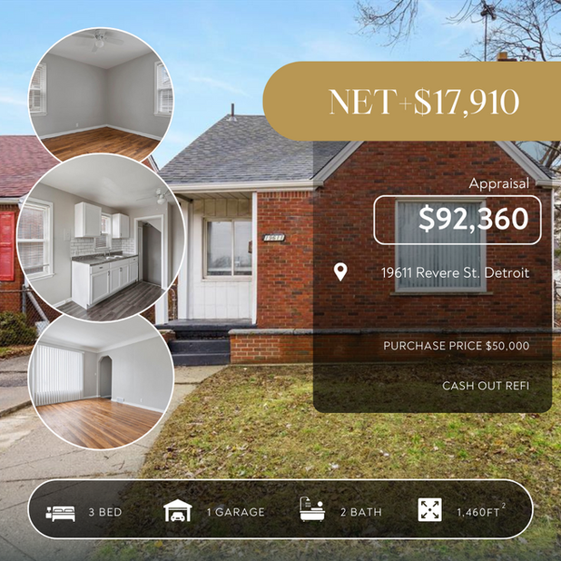 19611 Revere St, Detroit — cash-out refi, net +$17,910